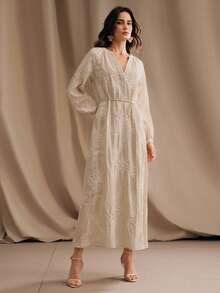 Anewsta Vestido de lino con cuello en V, cintura ceñida y bordado floral elegante para mujeres - Albaricoque - Ver 4