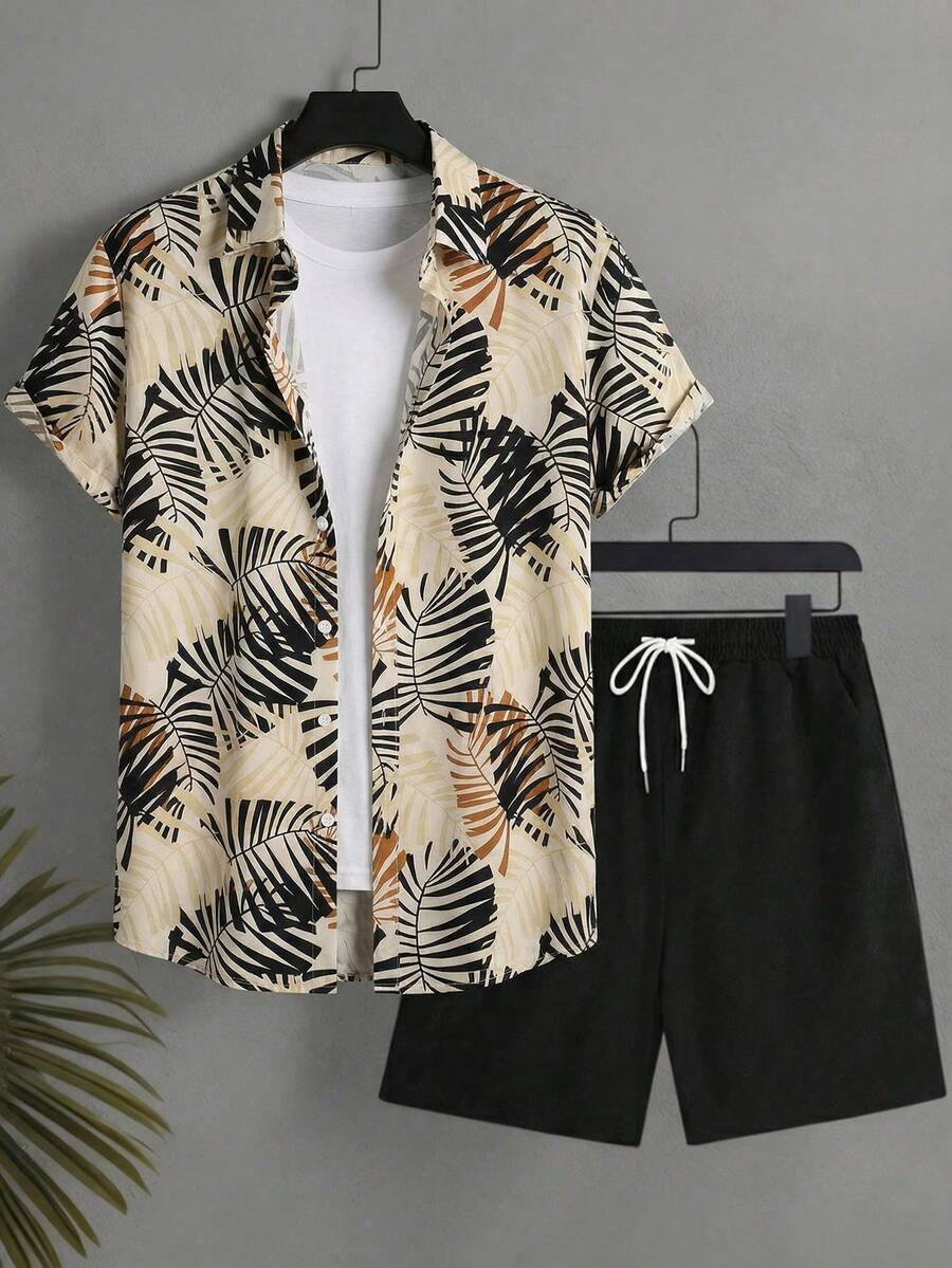 Manfinity Swimmode 男士全印花纽扣短袖衬衫搭配纯色侧袋短裤沙滩套装 - 彩色 - 查看 1