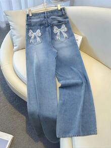 GlowEve Women's Casual Belted Wide-Leg Bowknot Jeans - Blue - View 1