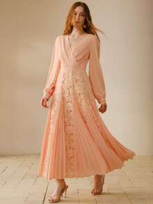 MOTF PREMIUM 女士撞色蕾丝褶裥中长连衣裙 - 橘色 - 查看 4