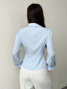 SHEIN PETITE Áo sơ mi nữ tay dài cài cúc, kiểu dáng trơn, xếp ly, thanh lịch, thích hợp cho công sở, giáo viên, đi học, mùa thu. - Màu xanh lam - Xem 2