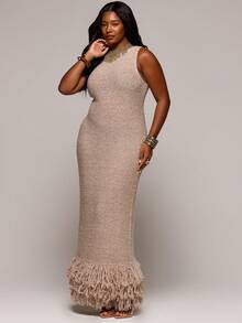 MUSERA 大码纹理针织修身中长连衣裙，春夏优雅度假晚装，尽显灵魂魅力 - 杏色 - 查看 5