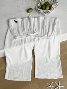 SHEIN EZwear 夏季纯色褶皱纹理面料宽松抽绳腰带休闲度假阔腿裤，大码 - 白色 - 查看 4