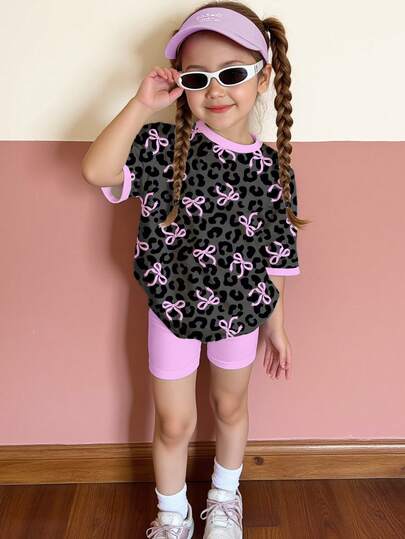 SHEIN Young Girl Summer Fashion Sweet Casual Chic Street Leopard Bow Print Round Neck Loose Short Sleeve T-Shirt And Cycling Shorts Set