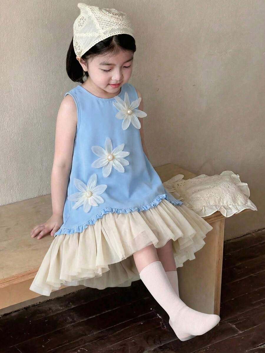 SHEIN Elladie kids Young Girl 3D Pearl Flower Mesh Asymmetrical Hem Elegant Dress, Spring/Summer - Blue - View 1
