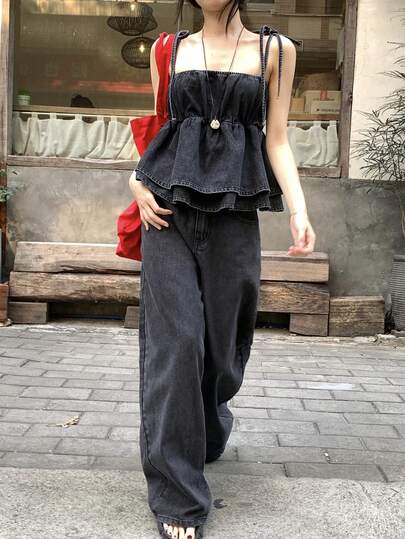 FRIFUL Women's Vacation Ruched Hem Camisole Top And Denim Jeans Set