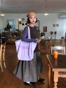 DAZY 女士圆领韩版长款格子拼接无袖连衣裙夏季连衣裙 - 咖啡 - 查看 3