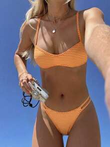 Swim Mod 女士沙滩套装，橙色碎花，双面条纹，超迷你比基尼抹胸，时尚休闲度假可爱性感女士泳装套装 - 彩色 - 查看 7