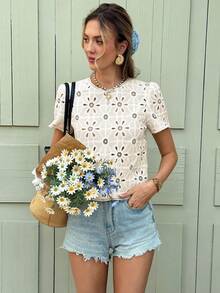 SHEIN Frenchy Women's White Eyelet Lace Crop Blouse,Elegant Summer Holiday Open Back Short Petal Sleeve Top,Floral Hollow Design Round Neck Brunch Vacation Shirt - Apricot - View 4