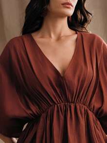 Anewsta Spring New V-Neck Batwing Sleeve Cinched Waist Loose Women Shirt - Burgundy - View 4