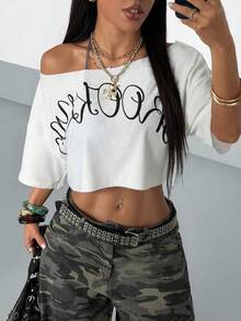 StreetHx Tall Streetwear Women's Letter Print Asymmetric-Shoulder Short Sleeve Sweatshirt - White - View 6