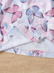 SHEIN 女婴休闲日常百搭可爱蝴蝶印花连衣裙，配腰带，适合外出穿着 - 紫色 - 查看 8