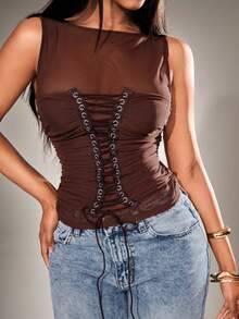 Radiana Damen sexy, markantes braunes transparentes Mesh-Patchwork-Top mit Metallösen und Schnürung, figurbetontes Top, Lässig Top, sexy Top, geeignet für täglichen Ausgang, Nacht, Date, Party, Club, Cocktail, Musikfestival, Konzert, Mehrschichtiges Top - Braun - Übersicht 1