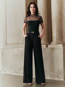 Anewsta 新款春夏优雅时尚休闲透视性感修身约会派对假日百搭网纱拼接短袖女式T恤打底衫 - 黑色 - 查看 5