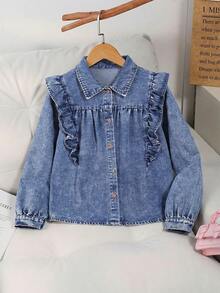 Tween Girl Casual Washed Denim Jacket With Ruffle Hem - Light Wash - View 1