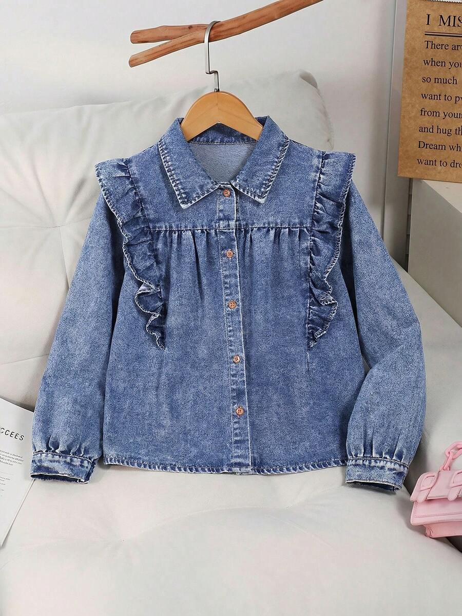 Tween Girl Casual Washed Denim Jacket With Ruffle Hem - Light Wash - View 1