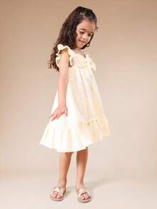 SUMWON Girls Eyelet White Ruffle Flutter Sleeve Tiered Hem Mini Dress Spring Summer Casual Party Wedding Guest Bow Detail - Yellow - View 6
