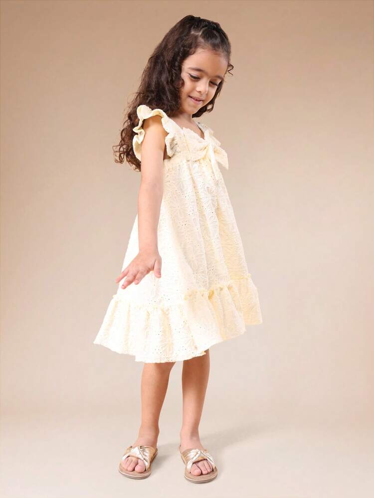 Girls Eyelet White Ruffle Flutter Sleeve Tiered Hem Mini Dress Spring Summer Casual Party Wedding Guest Bow Detail
