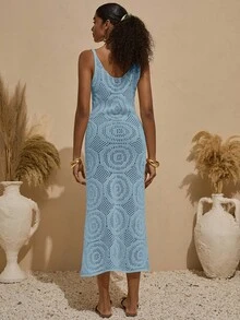 Crochet Knit Geometric-Pattern Sleeveless Dress – Off-White - Blue - View 2