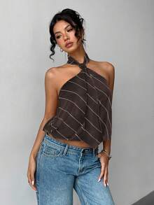 Jeanoix Women's Striped Halter Backless Fashionable Versatile Date Party Top - Coffee Brown - View 5