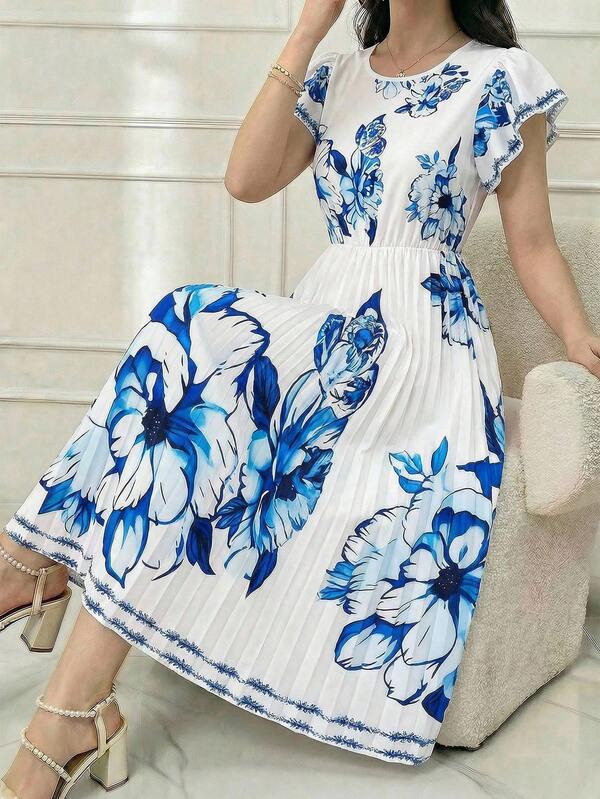 SHEIN Vestido de niña adolescente elegante, de moda, cómodo y encantador para ir al trabajo, vacaciones, playa o verano, con cuello redondo, manga corta, estampado y dobladillo con volantes suaves