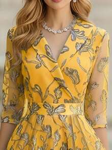 EMERY ROSE Golden Yellow Summer Elegant Holiday Wedding Guest Leaf Pattern Long Formal Dress,Van Gogh Modest Yellow Floral Wrap Tea Dress Brunch Outfits Women - Multicolor - View 4
