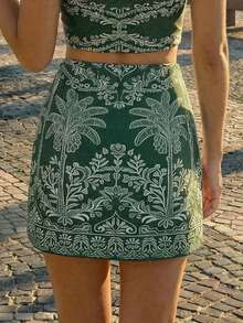 CAJUNI Women's Summer Beach Vacation Palm Tree Print High Waist Midi Skirt - Green - View 2