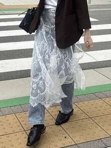 FRIFUL Women's Solid White Sheer Lace Fabric Layered Flared Loose Casual Versatile Skirt - White - View 2