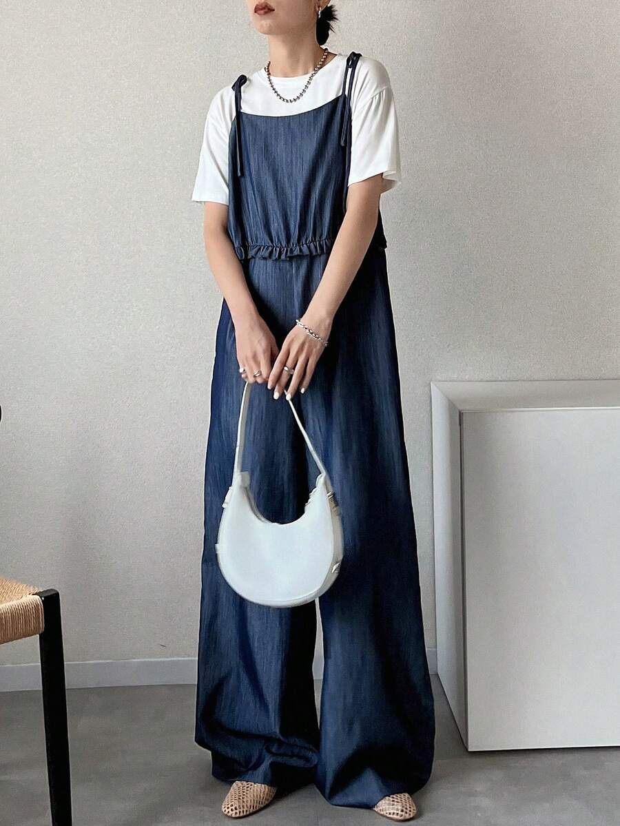 FRIFUL 女士吊带阔腿连体裤，腰部荷叶边蕾丝拼接 - 藍色 - 查看 1