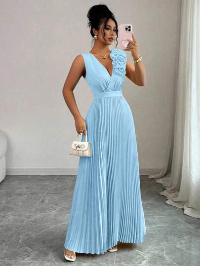 Elenzga Summer Light Blue V-Neck Waist Cinched Dress With Chest Floral Applique And Pleated A-Line Skirt, Elegant French Style