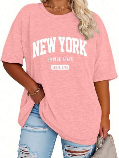 EMERY ROSE Plus Size Casual Women New York Letter Print Loose Mid-Length Short Sleeve Round Neck T-Shirt