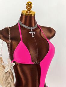 Amplova 女士性感连体泳衣，带罩杯设计，时尚度假之选，可爱纯色露背系带腰身连体泳衣 - 玫紅色 - 查看 5