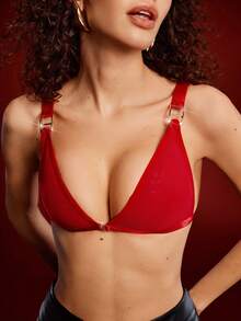 酒红色无线前扣加厚蕾丝拼接金属扣深V性感迷人现代优雅女士文胸 - 紅色 - 查看 5