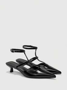CUCCOO BIZCHIC Giày sandal nữ mũi nhọn, da bóng màu đen, kiểu dáng tối giản, quai chữ T, kín mũi, thanh lịch, phù hợp đi làm hàng ngày và hẹn hò buổi tối. - màu đen - Xem 7