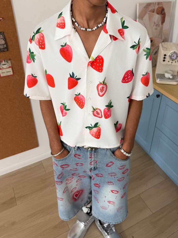 STEELVANCE 男士草莓印花纽扣前开襟休闲短袖衬衫 - 彩色 - 查看 1