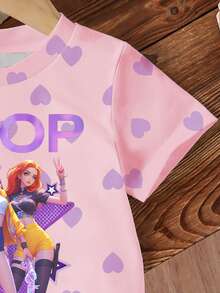 Young Girl Letter & Kpop Graphic Round Neck Short Sleeve Casual T-Shirt - Multicolor - View 5