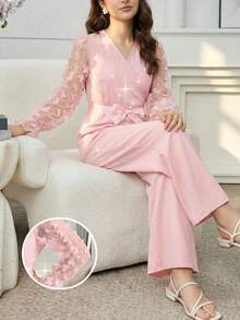 Mono de manga larga elegante de encaje y malla para niñas, adecuado para fiestas, reuniones y salidas - Rosa - Ver 1