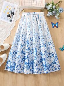 SHEIN ChillGRL Tween Girls' Sweet Gradient Floral Print A-Line Skirt, Summer - Multicolor - View 2