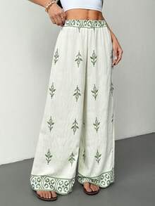SHEIN PETITE Women's Print Wide Leg Pants, Summer - White - View 3