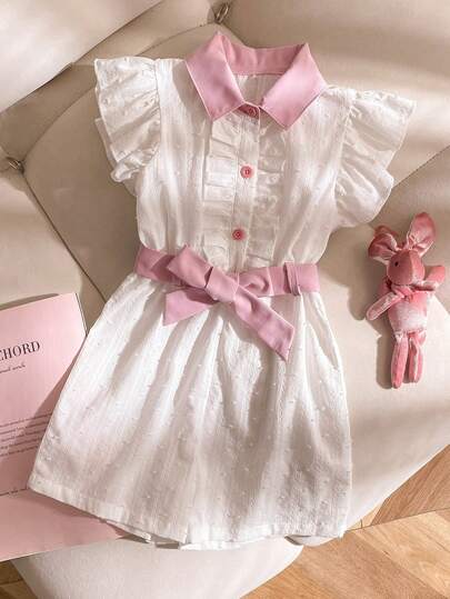 SHEIN 1 st flickor småbarn sommar ny stil volangkrage holkärm vävt utskuret tyg fram halvöppen krage med bälte i midjan kontrastfärgad sparkdräkt, minimalistisk semester elegant sparkdräkt