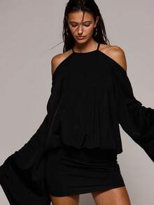 MUSERA High Neck Batwing Fitted Mini Dress Spring Summer Sexy Date Night Club Festival Holiday Night Out Vacation Soul Ties - Black - View 2