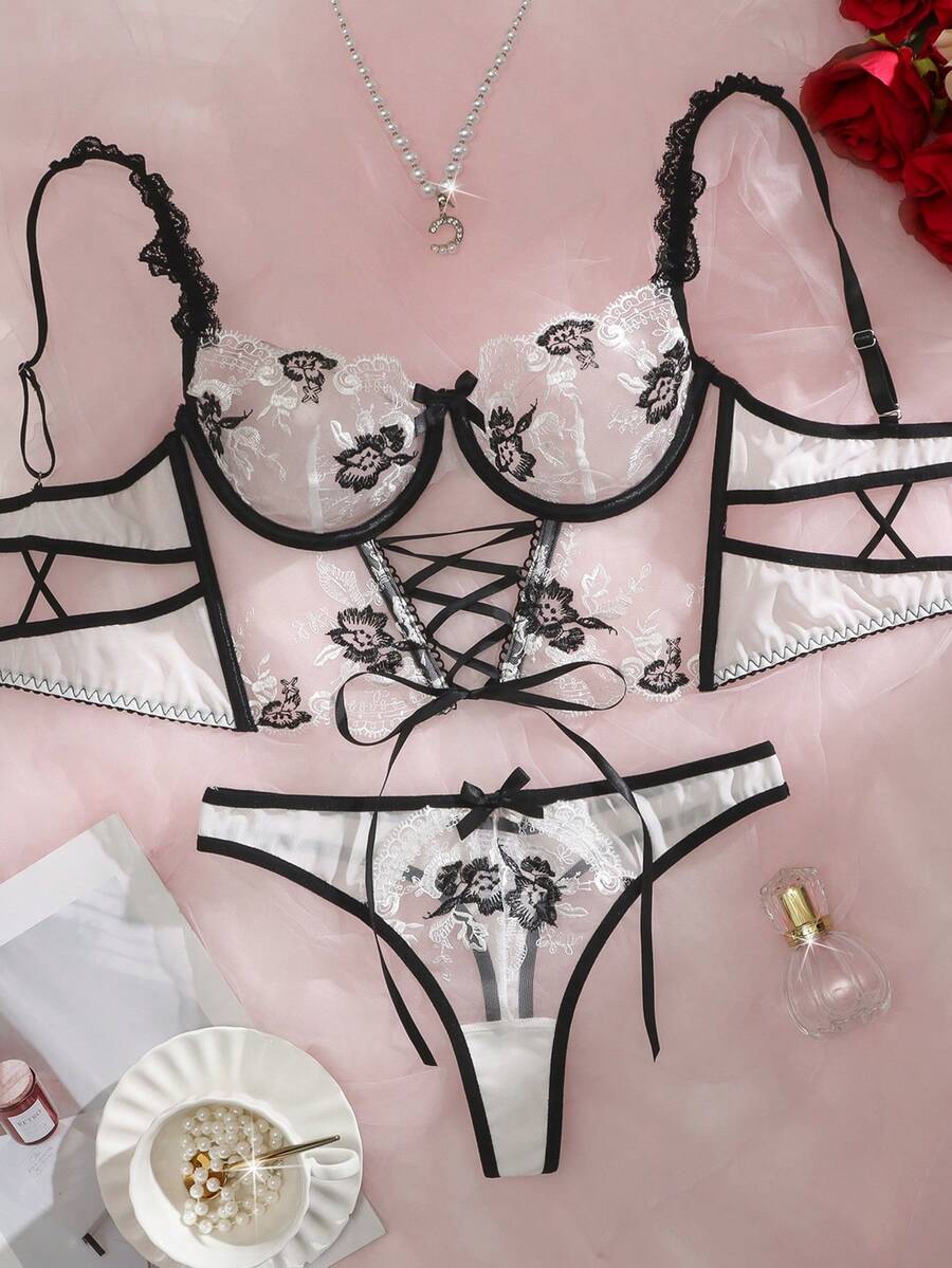 2pcs Women's Romantic Lingerie Set, Sheer Embroidered Mesh Lace-Up Sexy Outfit - Black and White - View 1