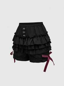 ROMWE Goth 夏季加大码女式哥特可爱三层荷叶边蝴蝶结装饰南瓜短裤 - 黑色 - 查看 6
