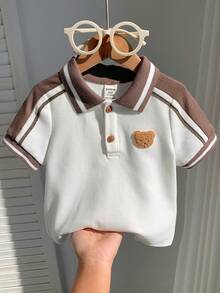 SHEIN Baby Boy Cute Bear Print Short Sleeve Polo Shirt,White Summer Toddler Top Clothes,Vintage Brown Baby Collar Shirt,Back-To-School,Carrer Day,Cute - Khaki - View 3