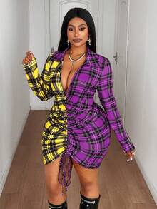 Maweii Plus Size Women Sexy Elegant Plaid Patchwork Drawstring Long Sleeve Mini Dress - Multicolor - View 1