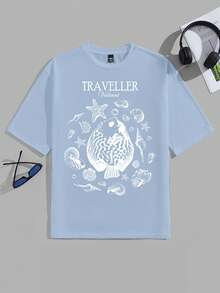 VIVINTIMO 浅蓝色度假海洋鱼贝壳印花白色圆领T恤（男士面料） - 淺藍色 - 查看 2