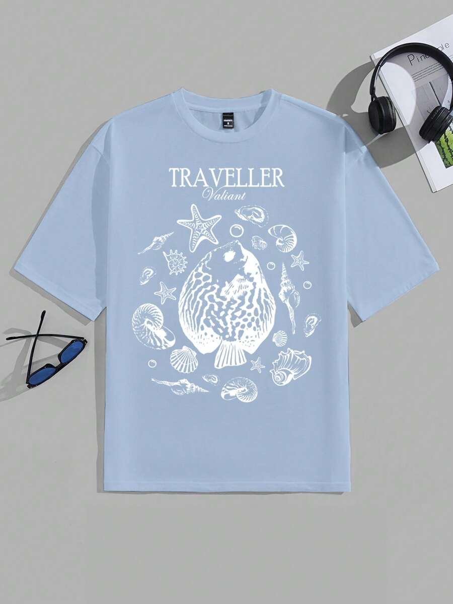 VIVINTIMO 浅蓝色度假海洋鱼贝壳印花白色圆领T恤（男士面料） - 淺藍色 - 查看 1