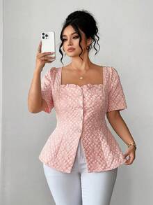 Elenzga Plus Size Women's Spring/Summer French Romantic Sicily Elegant Casual Commute Vacation Afternoon Tea Valentine's Day Party Solid Pink Jacquard Fabric Square Collar Frill Trim Open Front Pearl Button Decor Waist Flare Short Sleeve Blouse Cute Blouses For Women Women Tops Elegant Blouses Square Neck Blouse - Baby Pink - View 4
