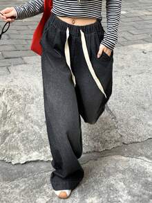 FRIFUL Women's Drawstring Waist Pockets Wide Leg Loose Casual Jeans - Black - View 6