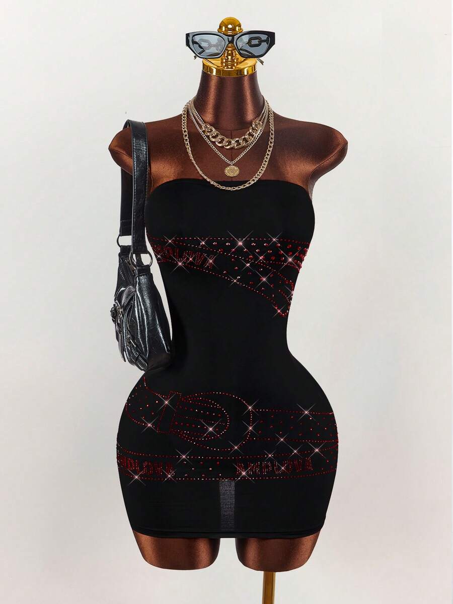 Amplova 2026音乐节时尚标语红色水钻女士新款迷你连衣裙 - 黑色 - 查看 1